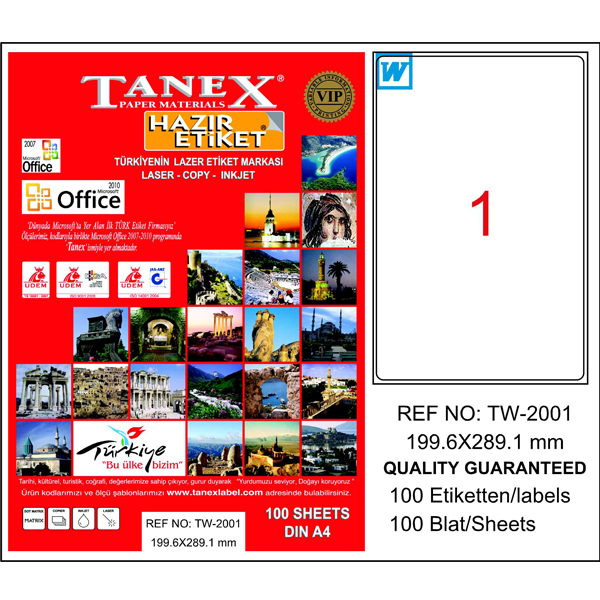 Tanex Laser Etiket 100 YP 199.6x289.1 Laser-Copy-Inkjet TW-2001